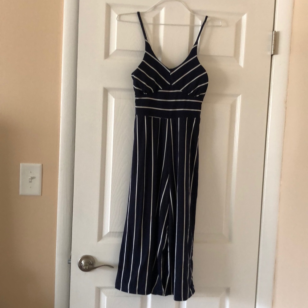 Navy blue and white striped Capri length jumpsuit